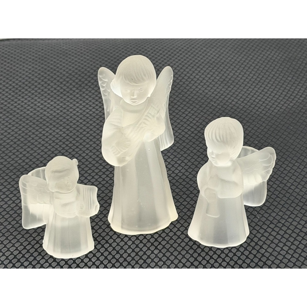 Crystal Caroling Angels Candle Holders Frosted Playing Musical Instruments Set 3